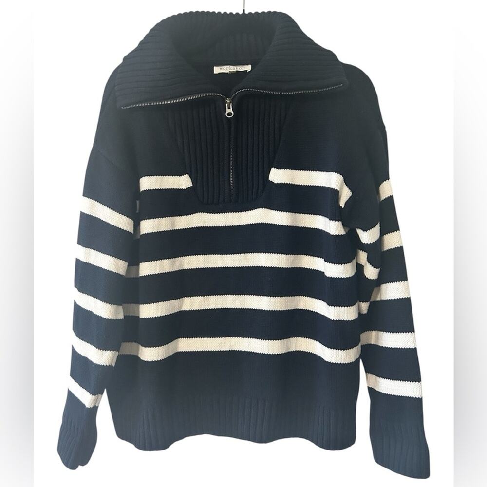 Workshop Republic Clothing Navy White Striped zip funnel Turtleneck Sweater. L